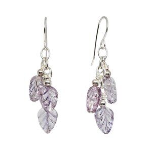 Purple Czech Glass Leaf Dangle Earrings Silver Tone Cascading Boho Drop